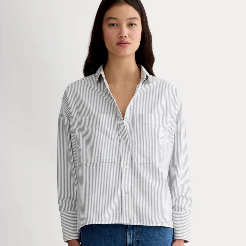 Everlane Black and White Striped Boxy Oxford, Size L